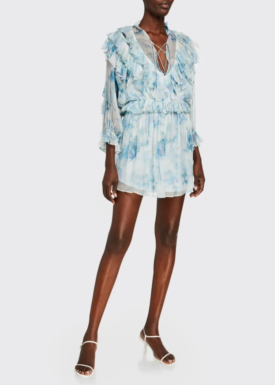 IRO Banon Printed 3/4 Sleeve Ruffle Mini Dress Blue Green 34